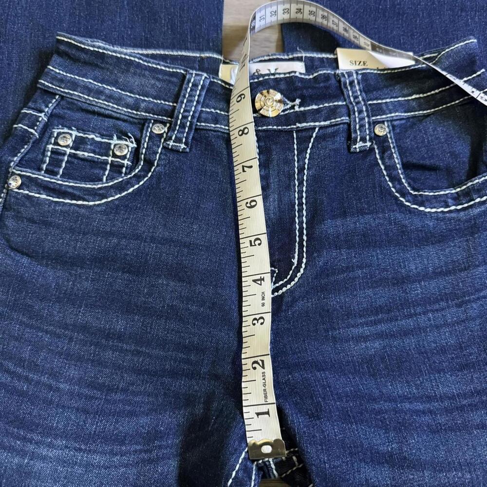 ੈ✩‧₊˚y2k style dark wash embroidered rhinestone pocket midrise bootcut jeans - Picture 5 of 7